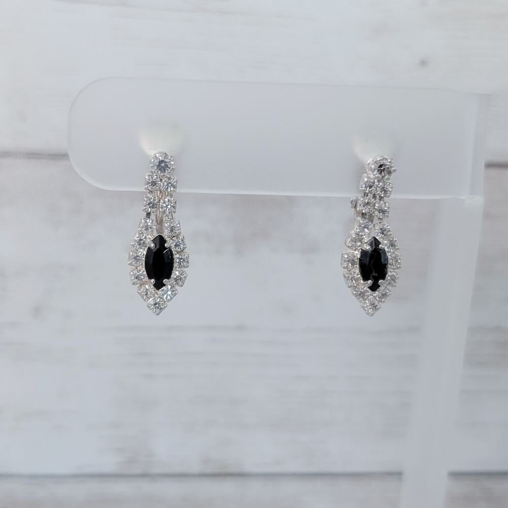 Vintage Clip On Earrings Elegant Black & Clear Gem - Some Discoloration